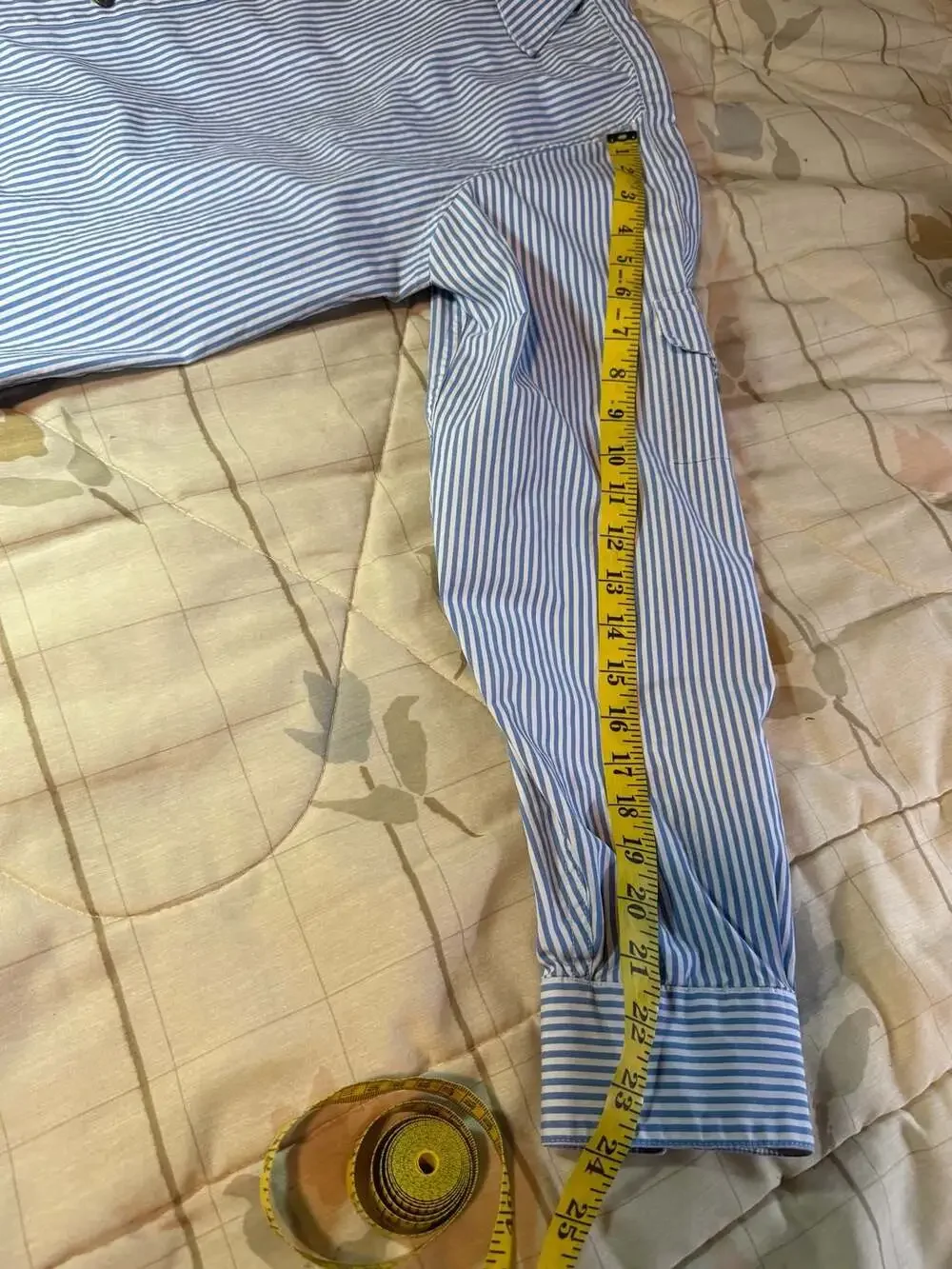 Michael Kors Women's Blue and White Striped Long Sleeve Roll-Tab Button-Down Shi